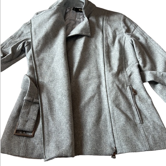 MNG Wool Blend Moto Zip Up Belted Jacket Gray Quilted Satin Lining Size US Small - Picture 12 of 16